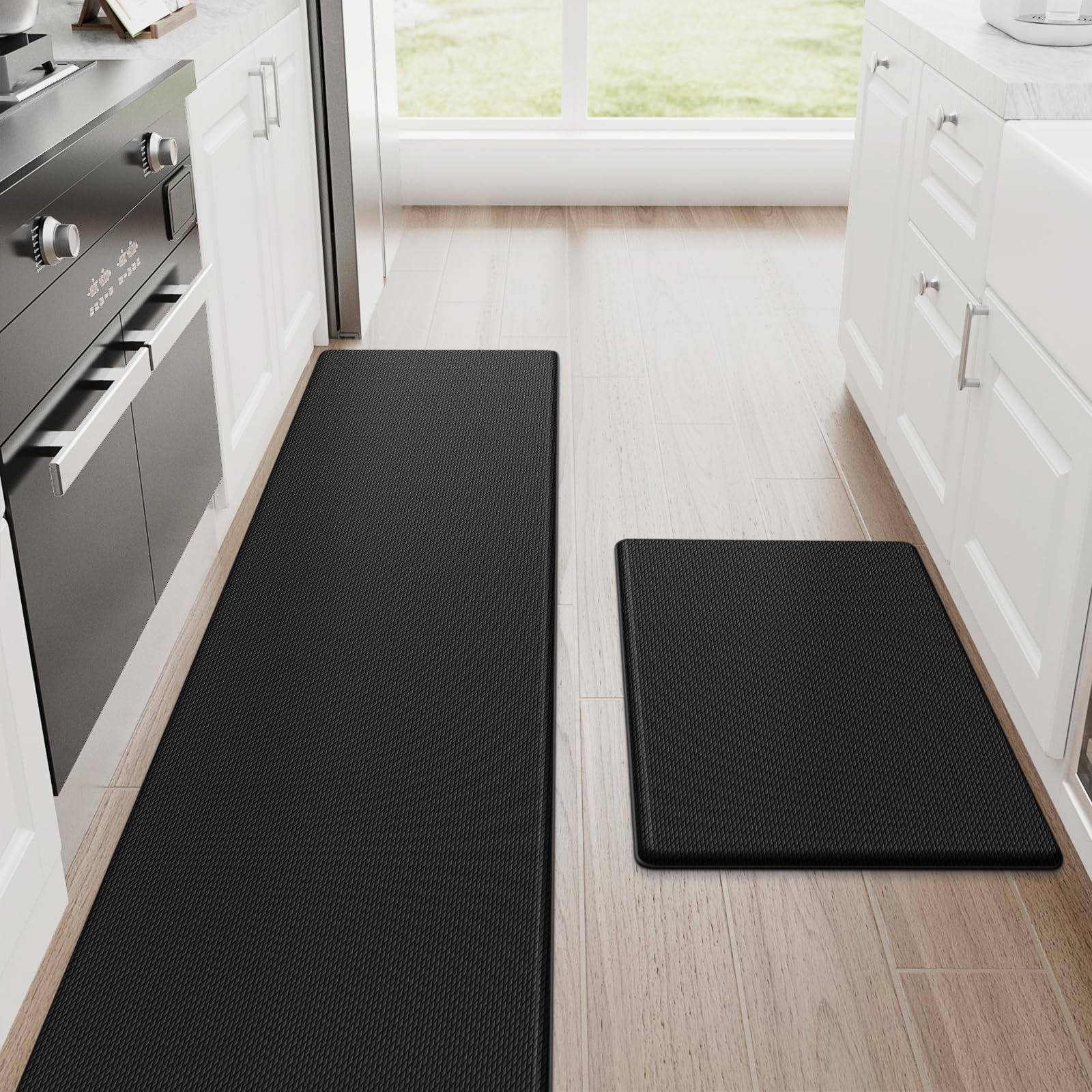 StepRite Kitchen Mats, 2PCS Kitchen Rugs, Cushioned Anti Fatigue Kitchen Mats for Floor, Non-Slip Standing Desk Mat, Waterproof Kitchen Rug Set for Kitchen, Floor, Office, 17.3"x30"+17.3"x47", Black